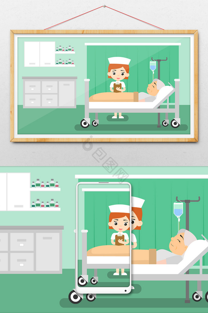 医疗医院护士在病房检查病人情况插画图片