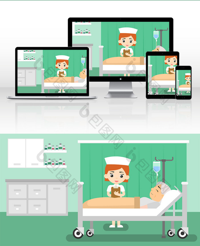 绿色医疗医院护士在病房检查病人情况插画