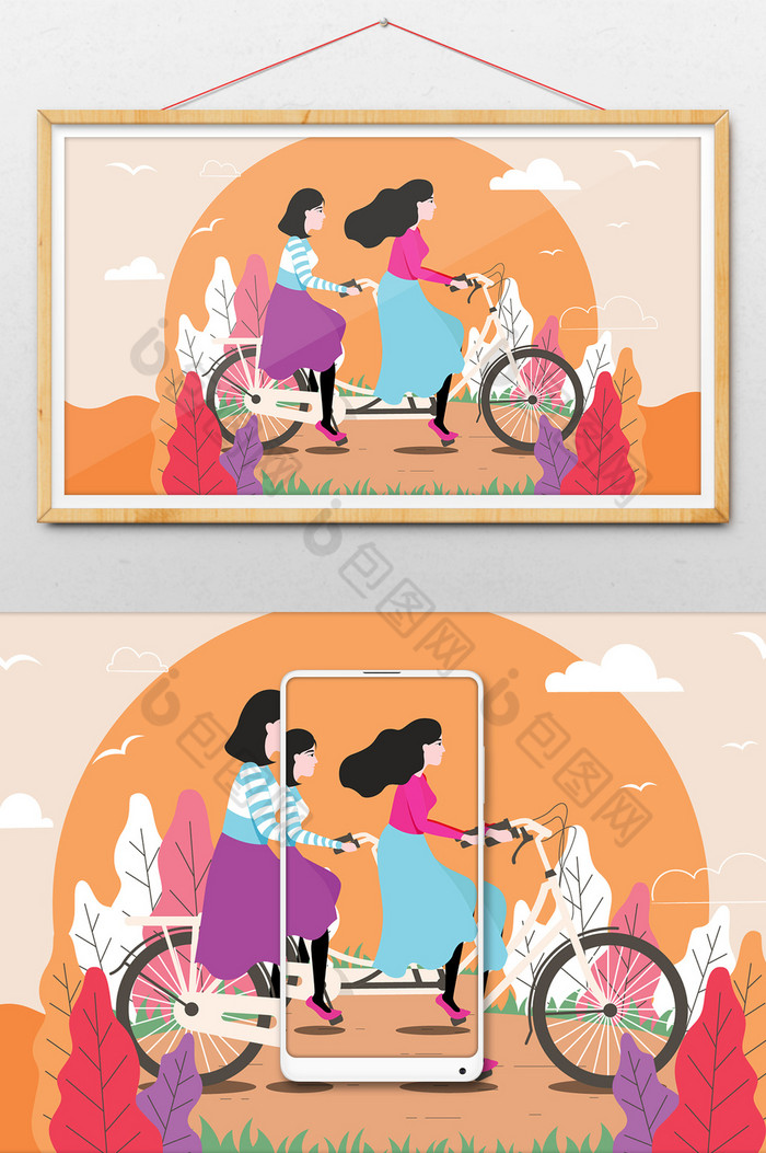 闺蜜户外骑自行车生活方式插画图片图片