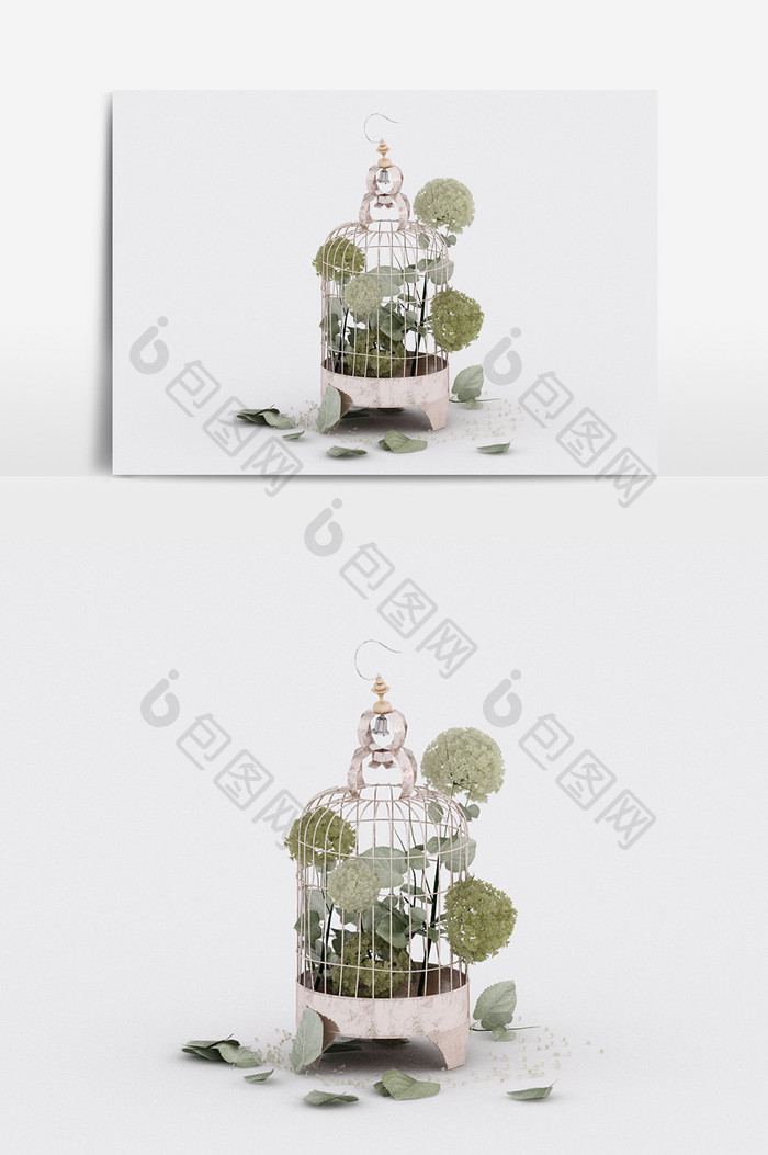 工业风粉色装饰铁艺鸟笼花草陈设品3d模型