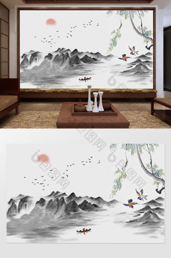 新中式意境山水飞鸟背景墙