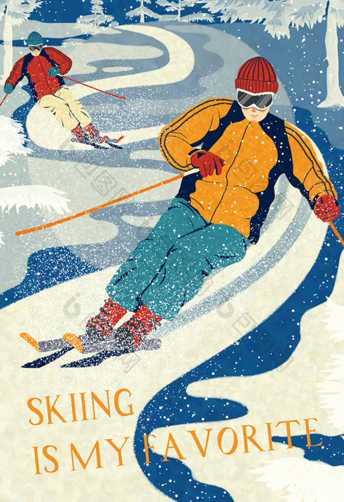 唯美冬天生活方式滑雪插画