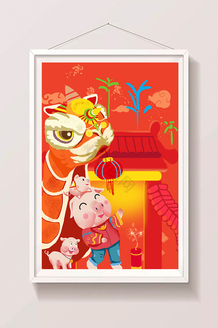 猪年舞狮子插画图片