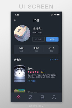 黑色高端小说阅读器app作者详情介绍页面