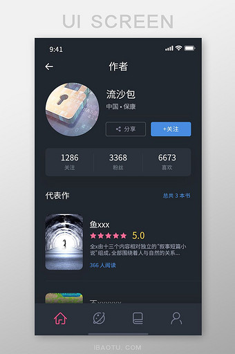 黑色高端小说阅读器app作者详情介绍页面图片