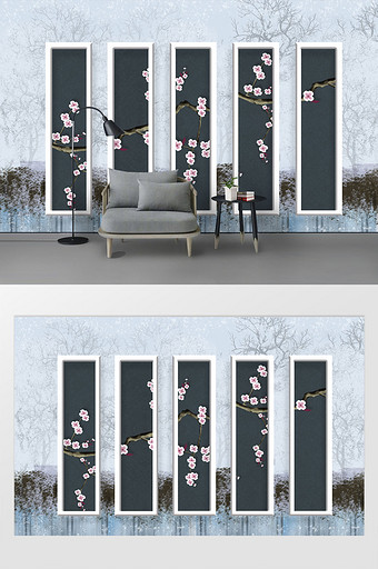 现代简约立体几何框梅花花枝树林背景墙图片