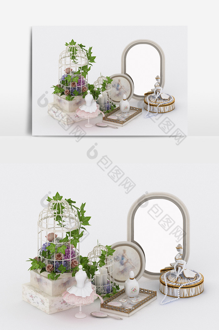 欧式简约风鸟笼银镜装饰品陈设组合3d模型图片图片