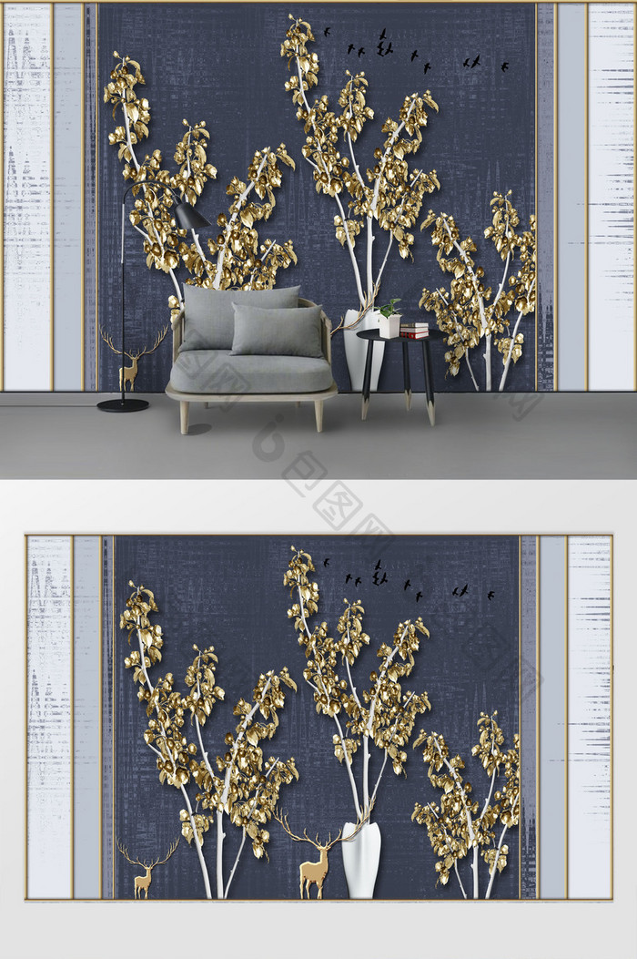 现代简约时尚金色树叶花瓶鸟群麋鹿背景墙