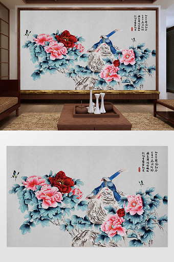 中国风水墨手绘花鸟牡丹花开电视背景墙图片