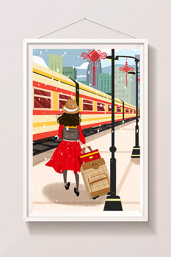 春节回家过年女孩拉行旅箱乘火车回家插画图片