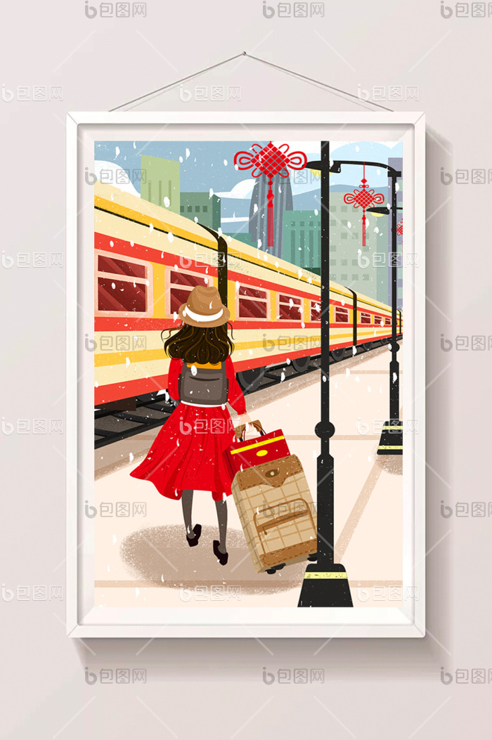 春节回家过年女孩拉行旅箱乘火车回家插画图片-包图网
