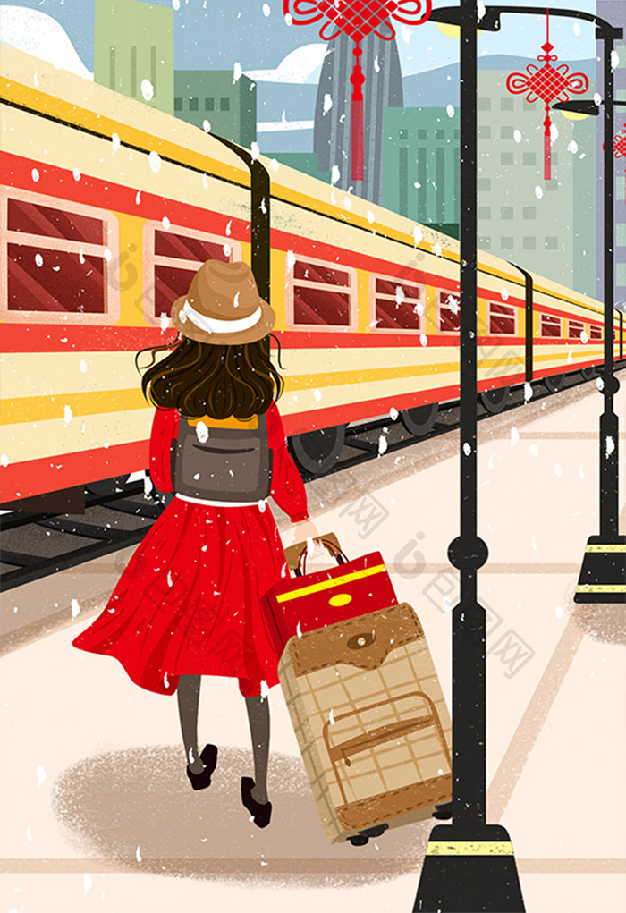 春节回家过年女孩拉行旅箱乘火车回家插画