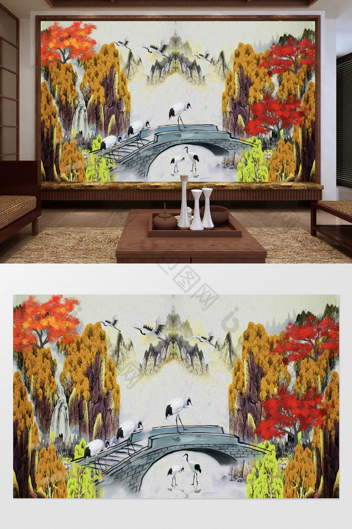 中式彩绘油画山水富贵背景墙