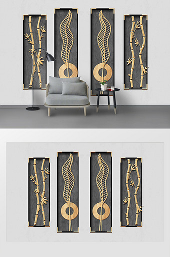 现代简约金属浮雕线条竹子铁艺装饰背景墙图片
