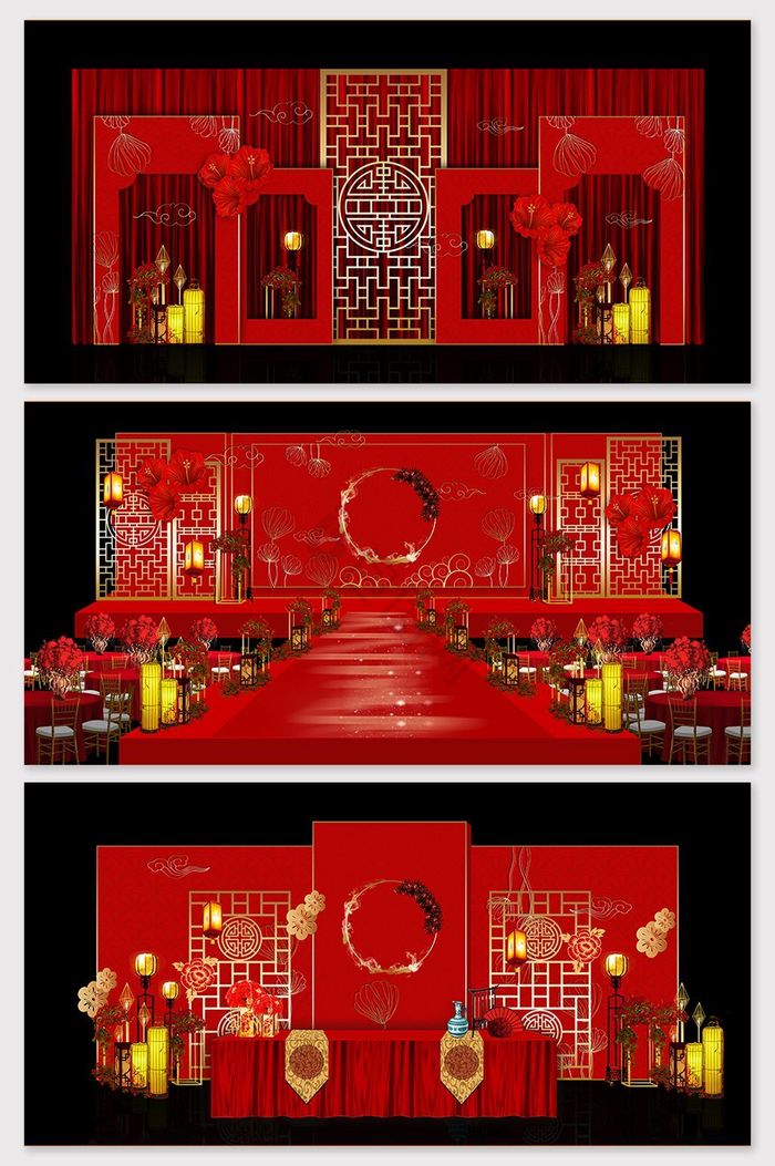 红色中式铁艺花艺婚礼效果图图片