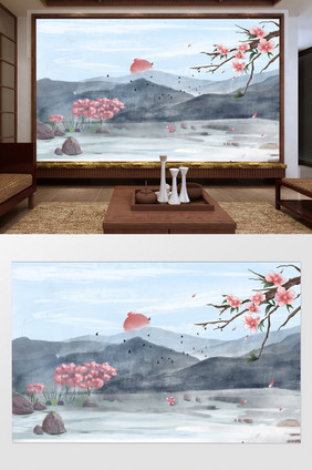 新中式清新大气山水石头风景背景墙