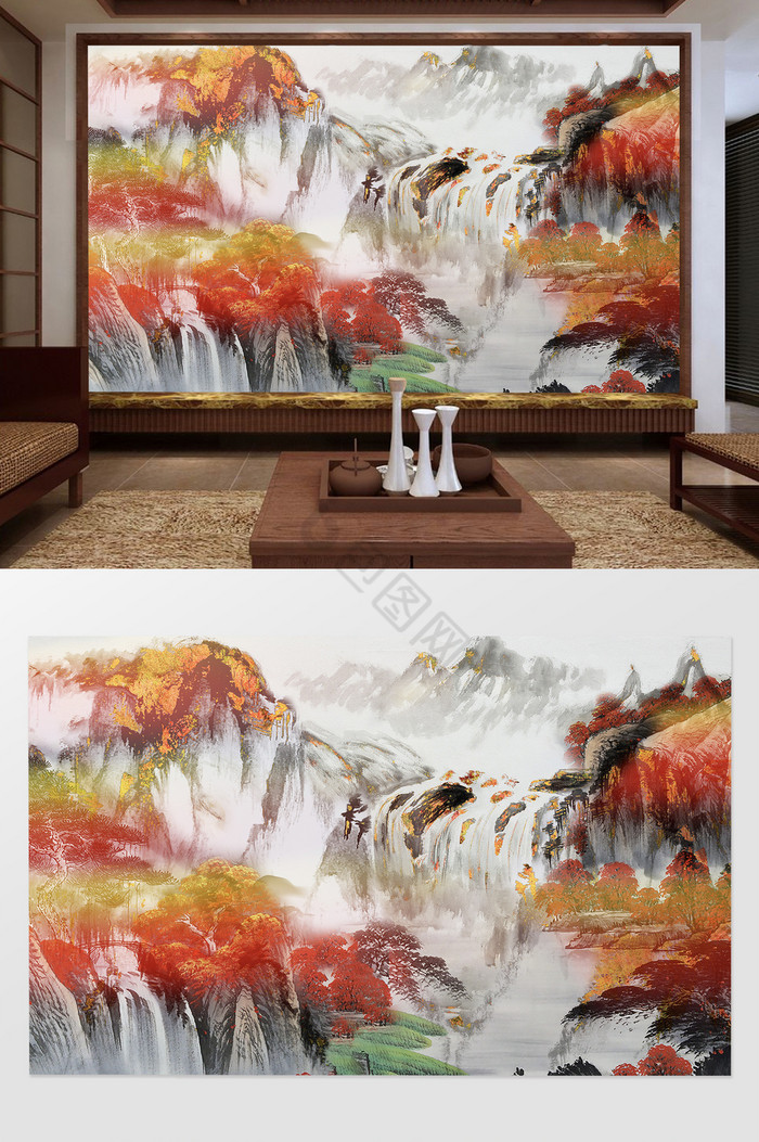 新中式意境流水背景墙图片