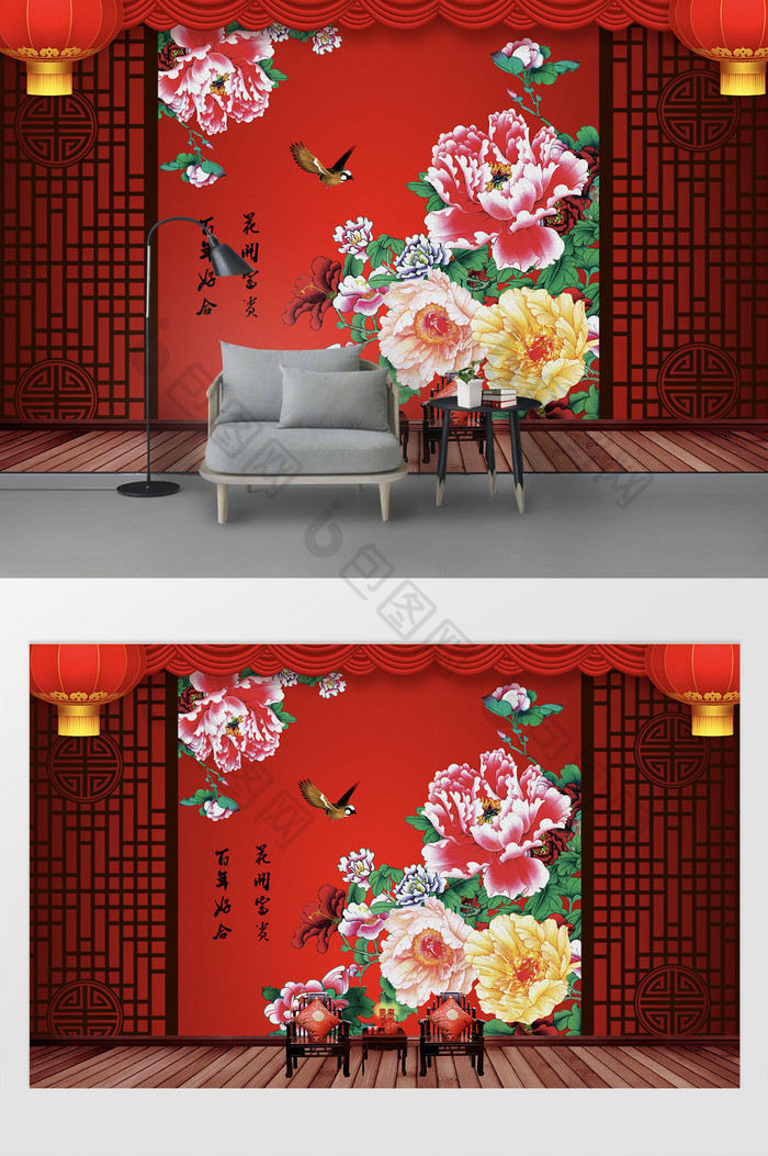 中式红色影楼婚纱写真摄影背景墙图片图片