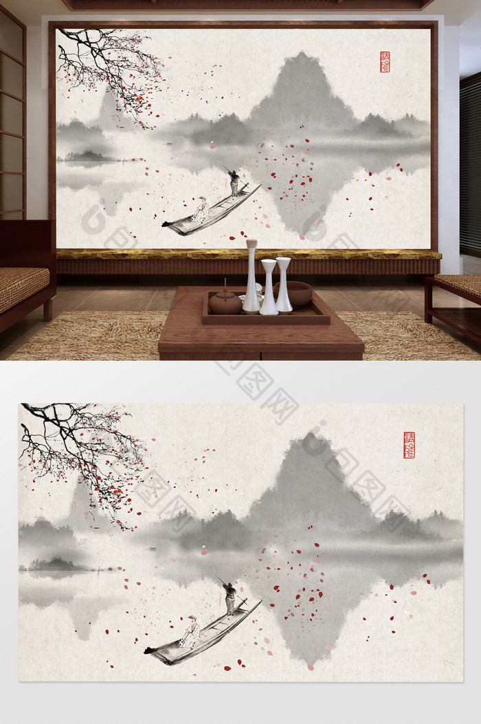 新中式手绘水墨山水梅花电视背景墙