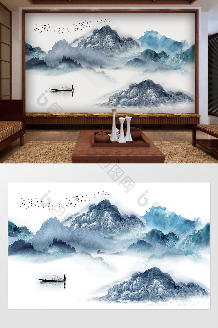 新中式抽象蓝色山水风景国画背景