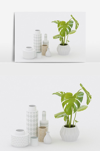 现代白色陶瓷摆饰花瓶陈设品组合3d模型图片