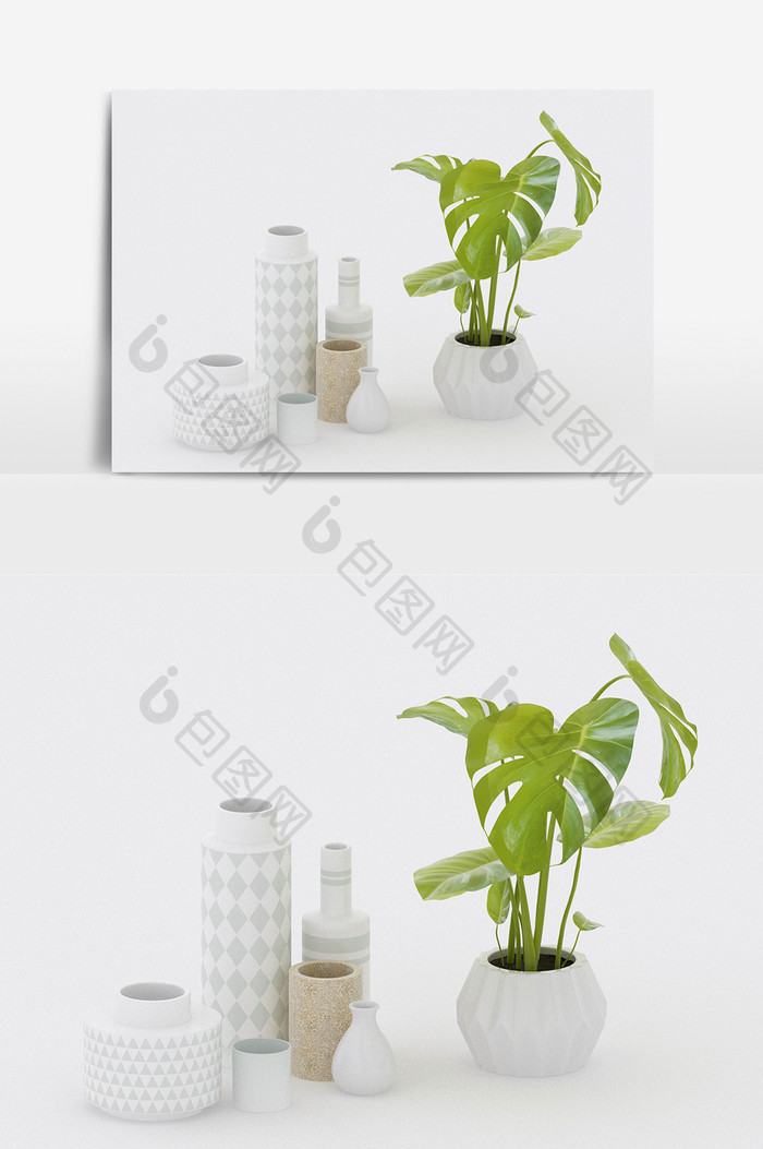 现代白色陶瓷摆饰花瓶陈设品组合3d模型