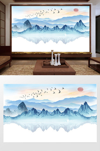 中式山水倒影日出背景墙图片