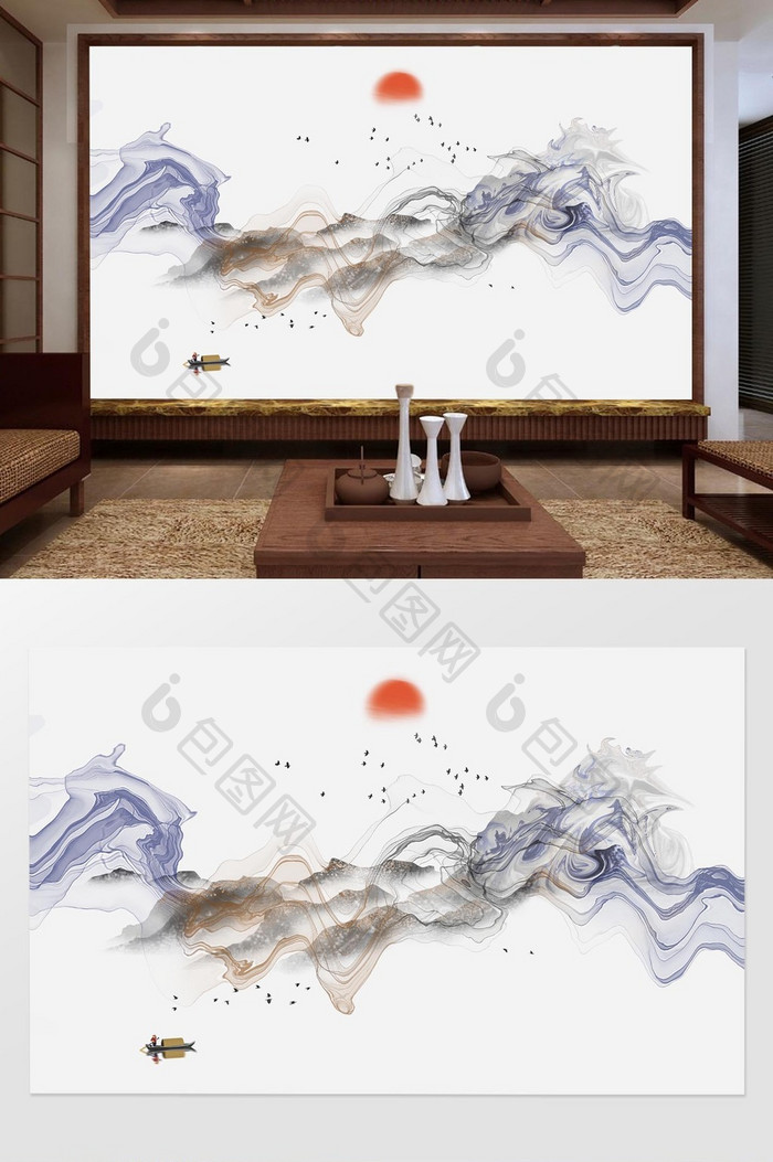 新中式水墨线条烟丝飞鸟抽象山水背景墙