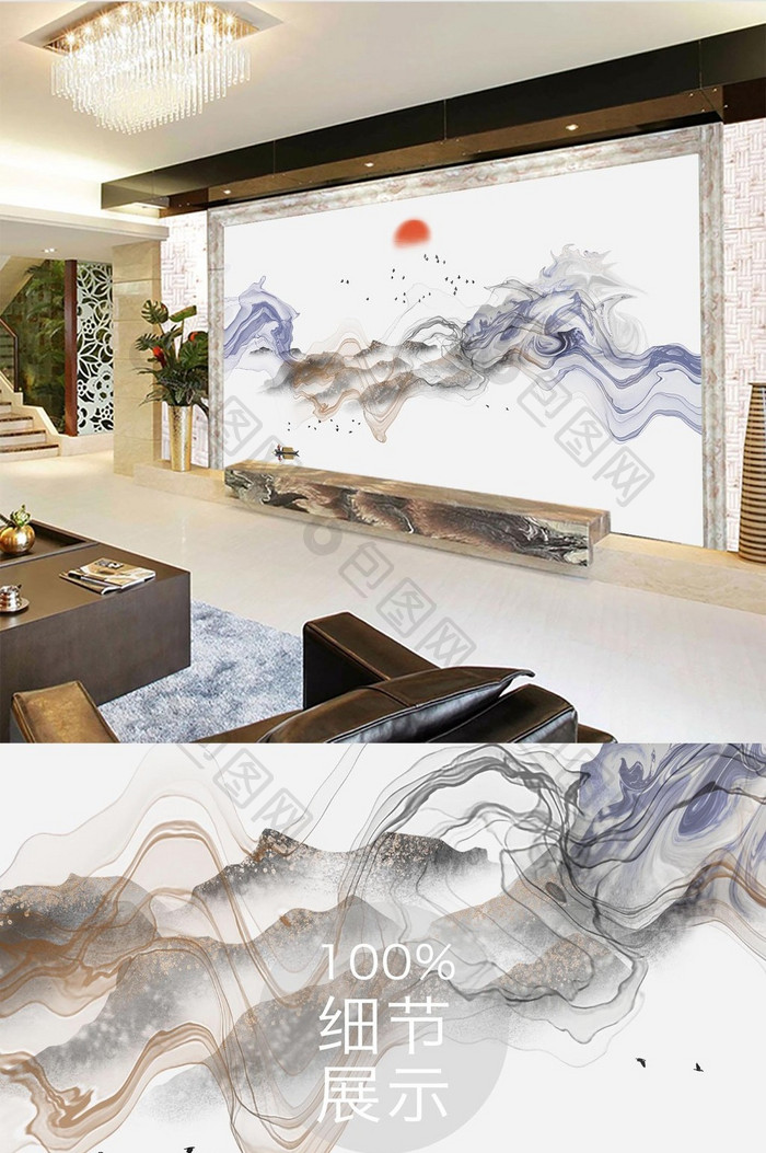新中式水墨线条烟丝飞鸟抽象山水背景墙