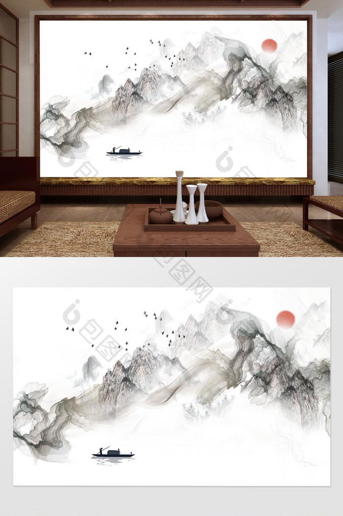 新中式抽象线条小舟抽象山水背景墙