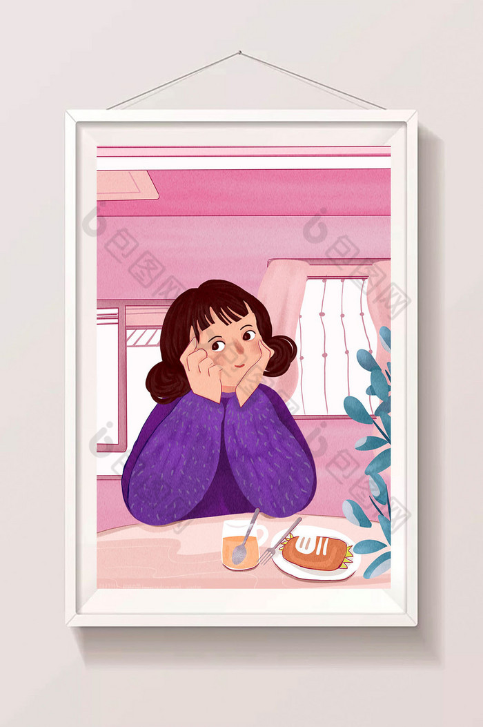 餐桌上发呆的小女孩插画图片