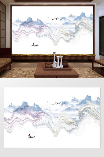 新中式水墨线条抽象山水飞鸟背景墙图片