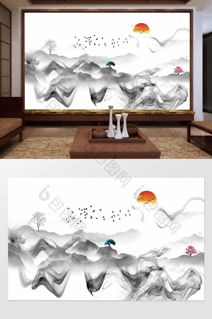 新中式抽象山水水墨线条飞鸟太阳背景墙