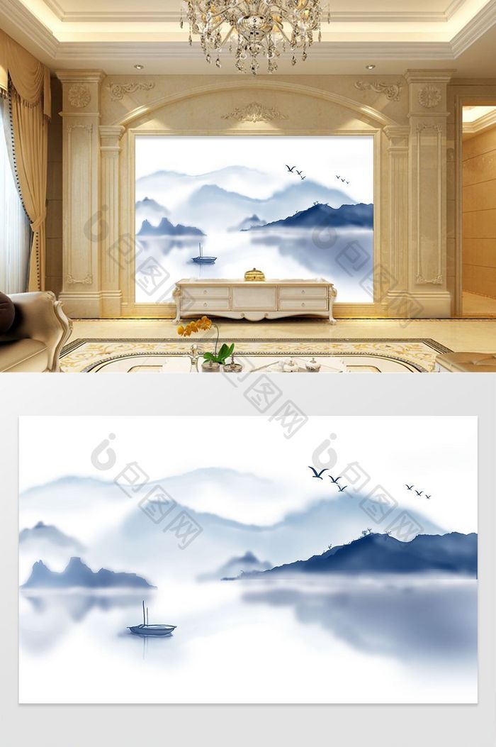 新中式蓝色抽象山水风景艺术山河背景墙