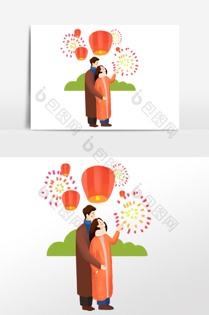 元宵佳节情侣赏花灯插画图片