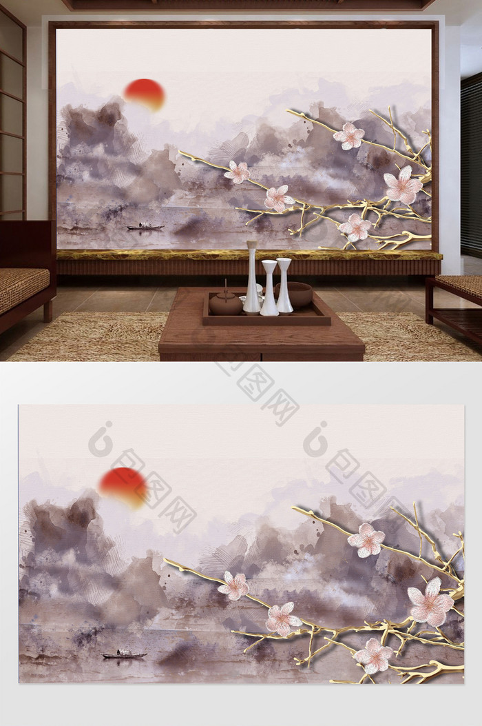 新中式粉色水墨山水桃花树枝背景墙