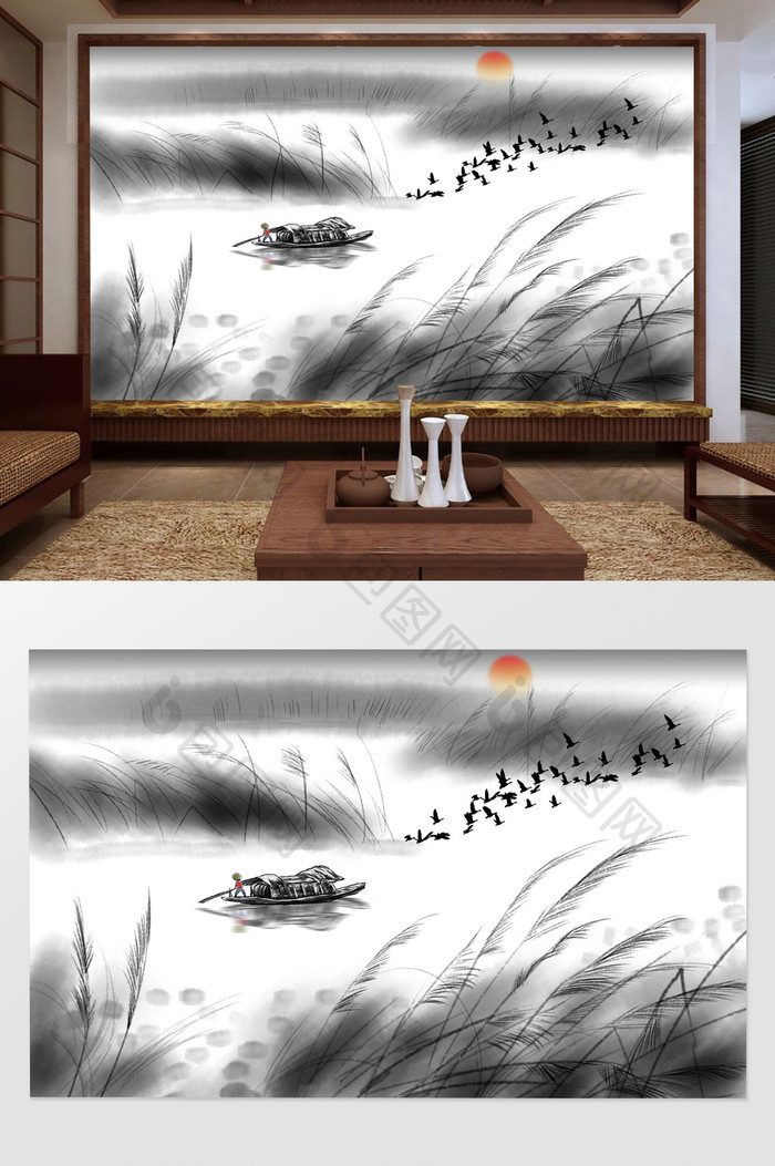 新中式水墨芦苇山水画装饰背景墙