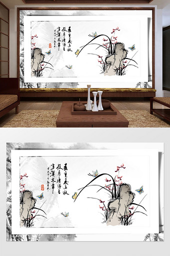 新中式唯美兰花诗词装饰定制背景墙图片