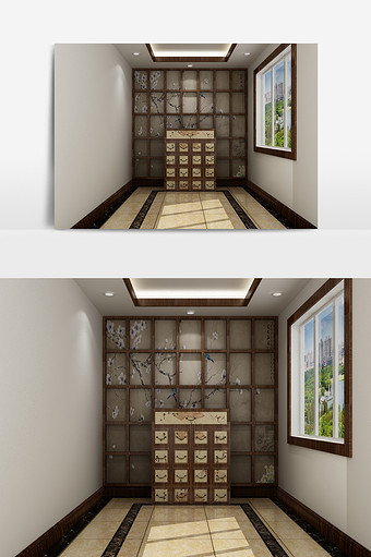 中式玄关装饰背景墙模型图片
