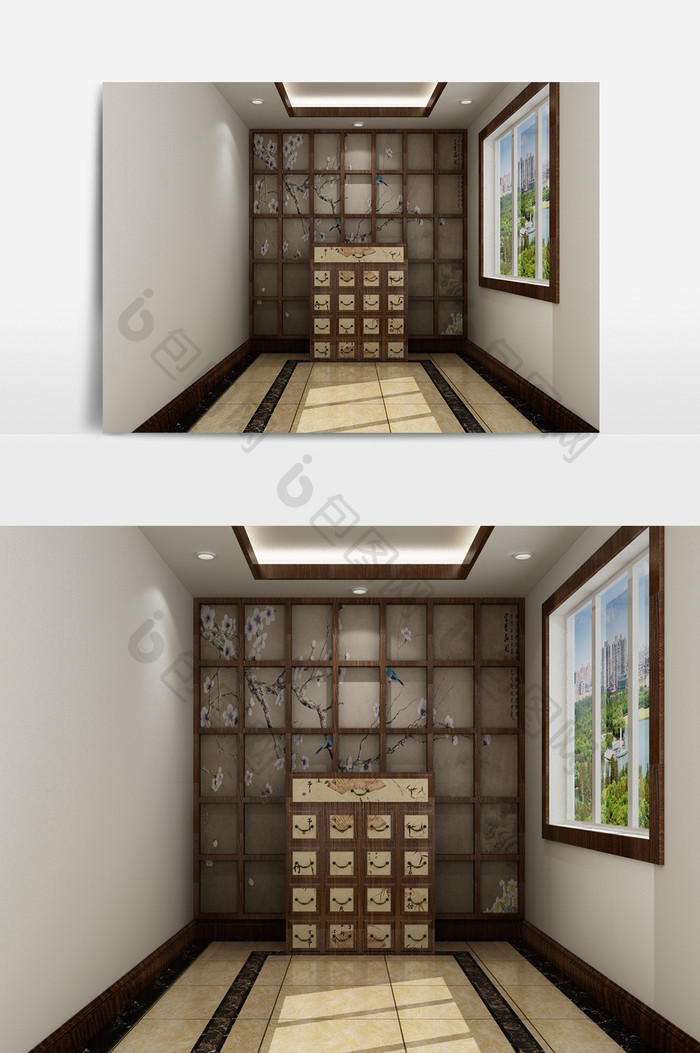 中式玄关装饰背景墙模型