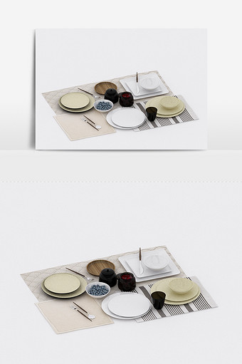 现代简约风餐具艺术瓷盘陈设品组合3d模型图片