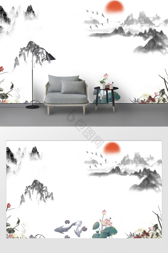 中式水墨画意境电视背景墙图片