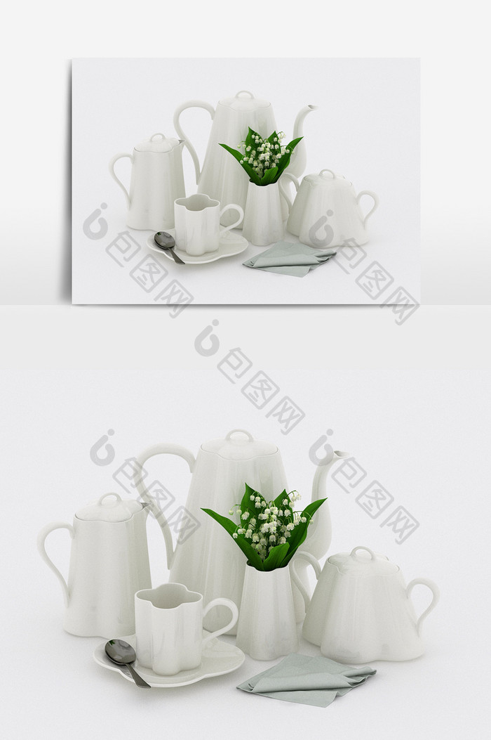 欧式简约风白瓷茶具艺术品陈设品组合模型