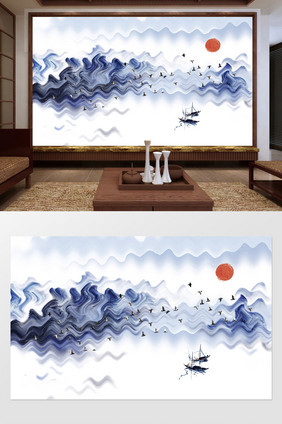 新中式蓝色波纹山水小船定制背景墙