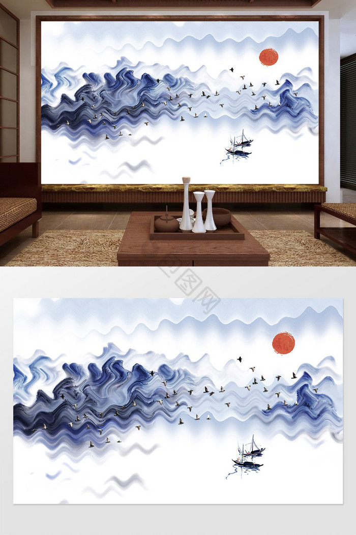 新中式蓝色波纹山水小船定制背景墙图片