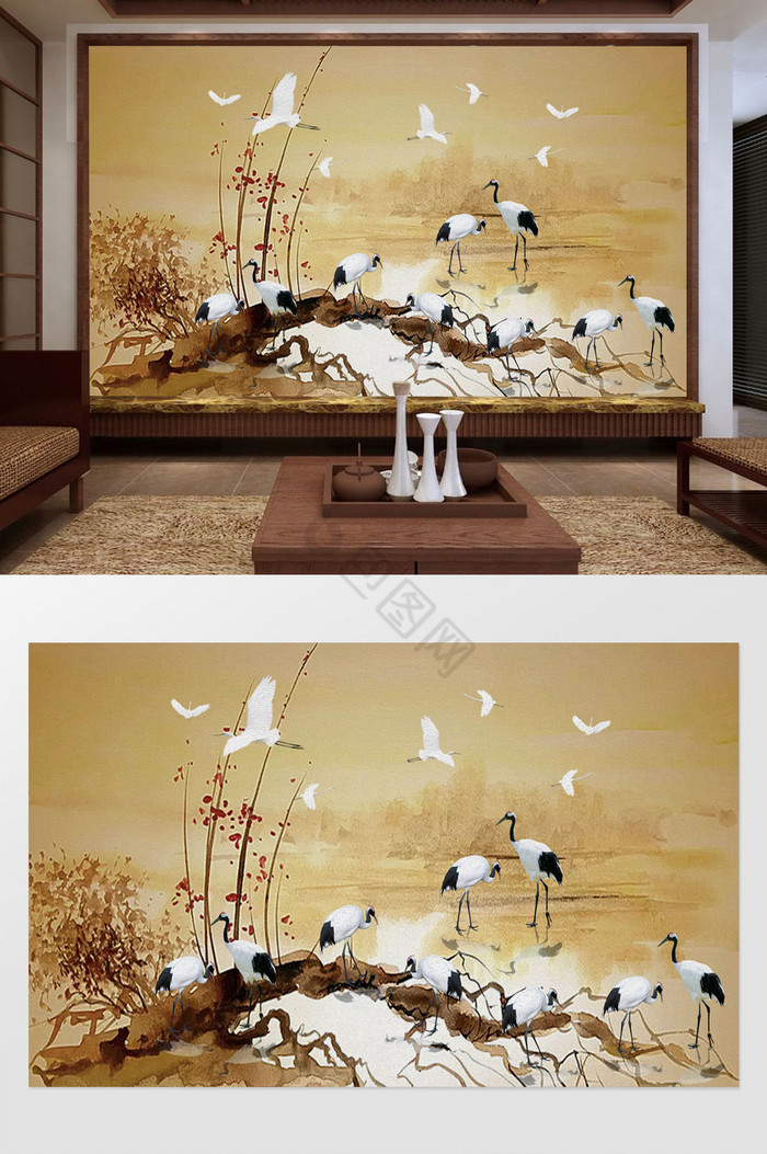 中式山水白鹤背景墙图片