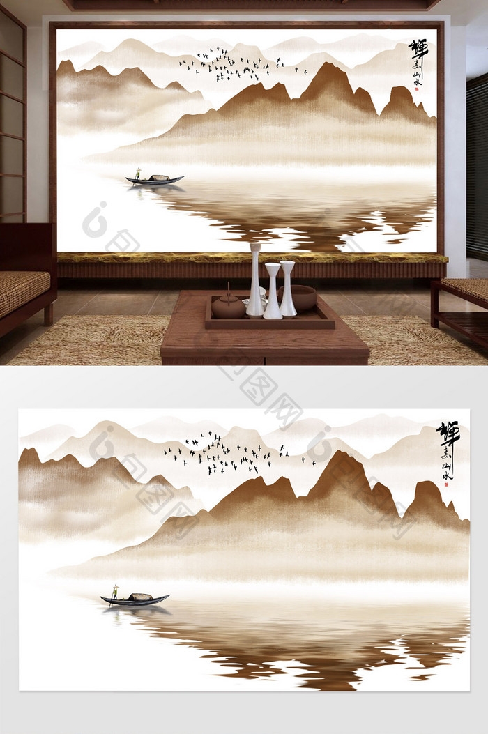 中式中国风禅意山水画背景墙壁画