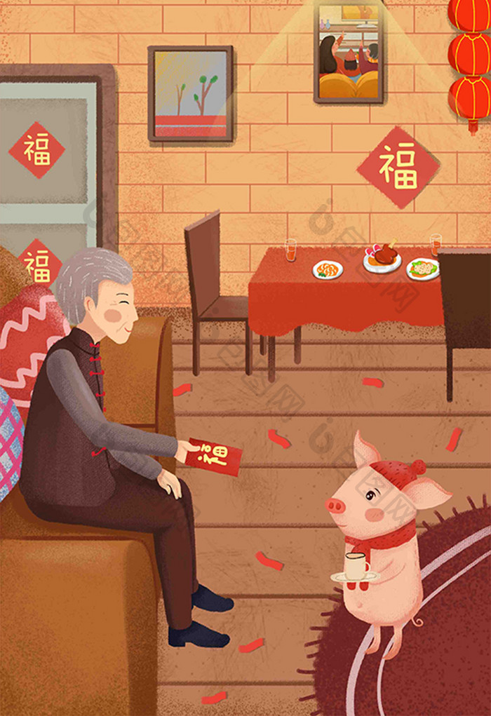 春节过年喜庆红火拜年猪年插画