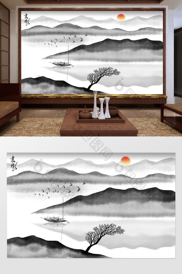 中国风黑白写意山水画背景墙壁画