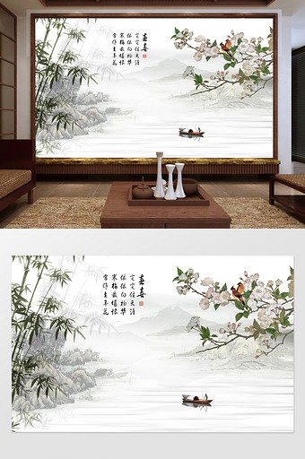 国画古式风景花卉背景墙图片